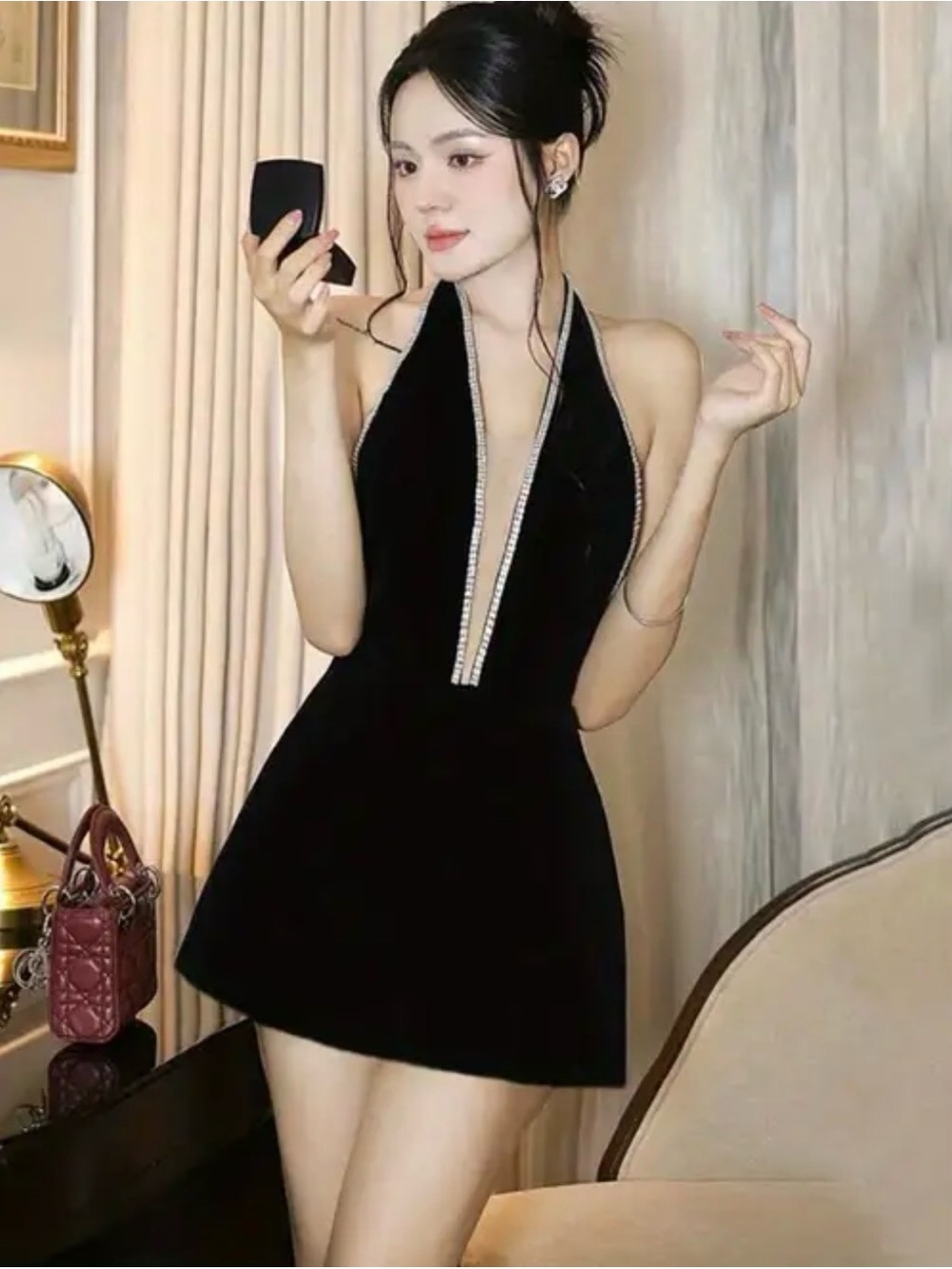 NEW Black Halter Mini Velvet Dress in Black with Rhinestone Trim- size s
